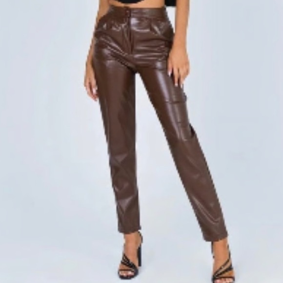 Princess Polly Like New Love Club Vegan Leather Straight Leg Pants in Brown 4 - Picture 4 of 9
